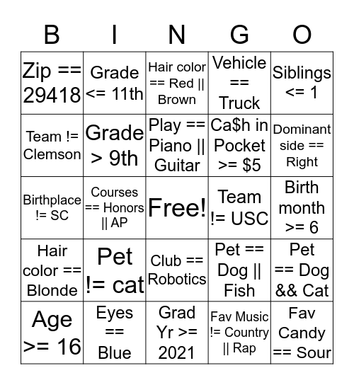 APCSP Boolean Bingo Card