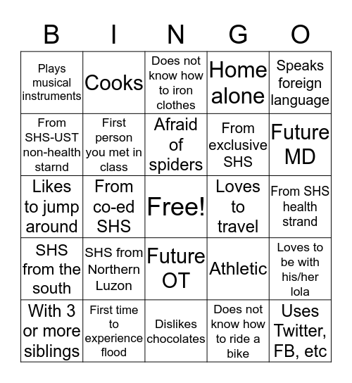 Understanding my Classmates Bingo Card