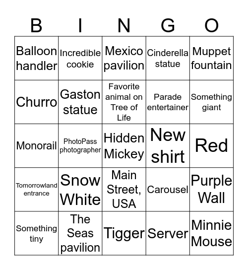 Disney Photo Bingo! Bingo Card