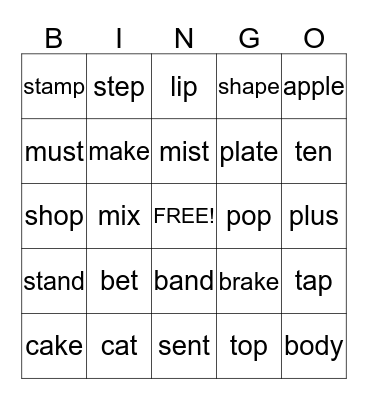 Short Vowels & Long A Bingo Card