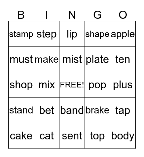 Short Vowels & Long A Bingo Card