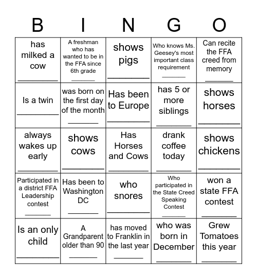 ...Franklin FFA Human Bingo...         Find Someone who Bingo Card