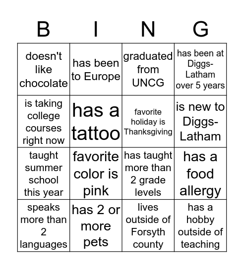 Get To Know You BINGO Card