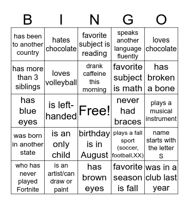 Opening Activity/ Get to Know You Bingo Card