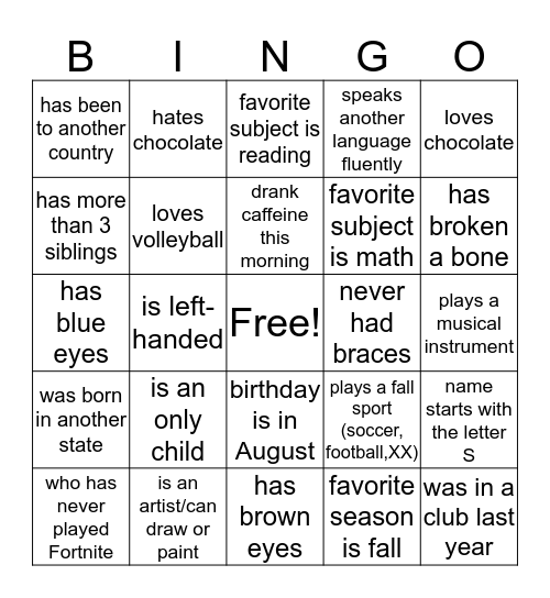Opening Activity/ Get to Know You Bingo Card