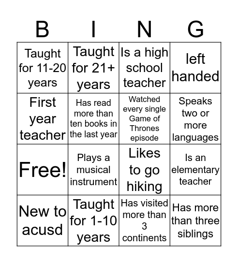 Teacher Network Bingo Card