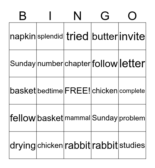 Spelling Bingo Card