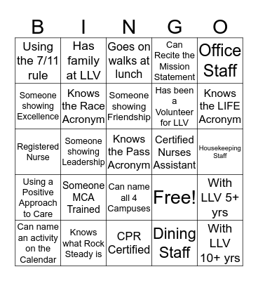 Get to know your LLV Family Bingo Card