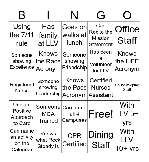 Get to know your LLV Family Bingo Card