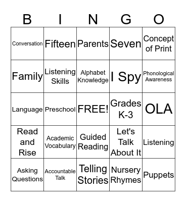 Oral Language Bingo Card