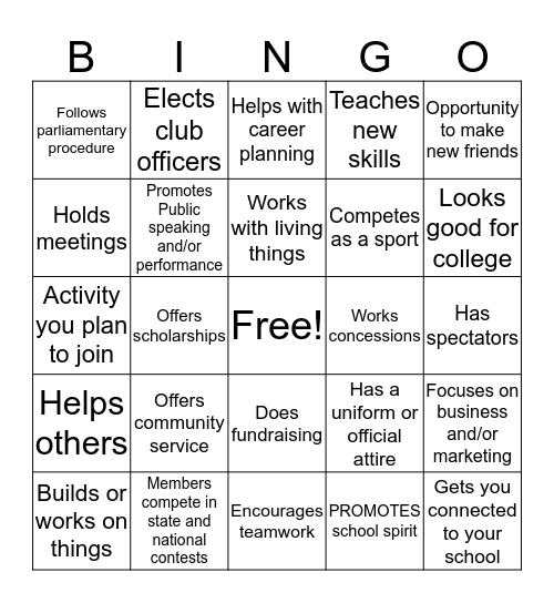 Club Rush 2019 Bingo Card