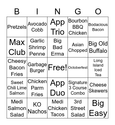 Fall Menu 2019 Bingo Card