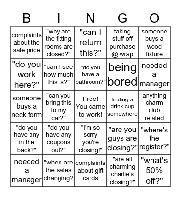 Charming Charlie Liquidation Time Bingo Card
