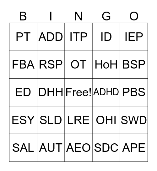 AEO SPED Bingo Card