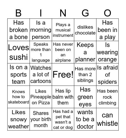 Classmate Bingo Card