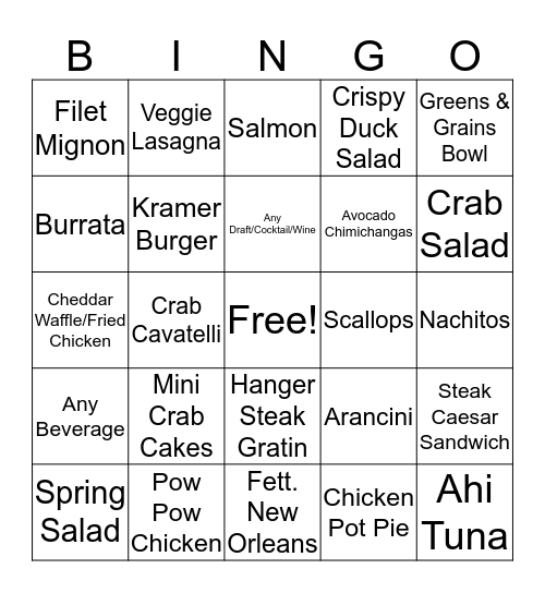 Dinner Bingo Card