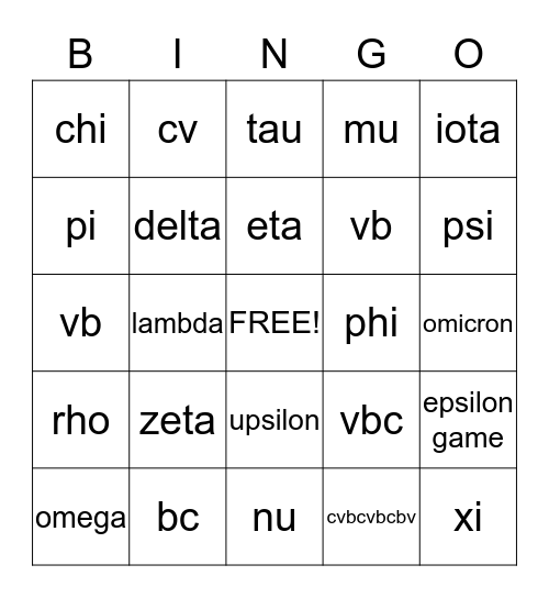 Greek Alphabet Bingo Card