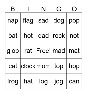 Short "a" and "o" vowel sounds Bingo Card