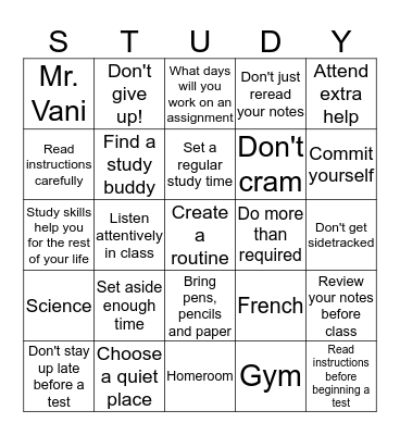 Study Skills Bingo Card