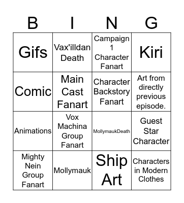 Critical Role Fan Art Bingo Card