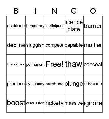 Vocabulary  Bingo Card