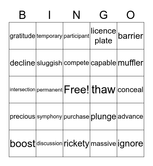 Vocabulary  Bingo Card