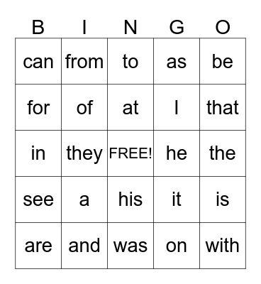 Sight words Bingo Card