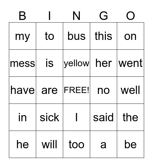 Primary Phonics Sightword Bingo Card