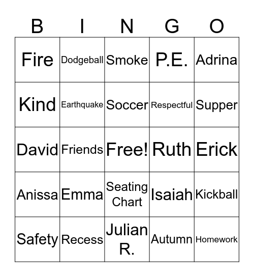 Back to School Bingo Card