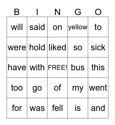 Primary Phonics Sightword Bingo Card