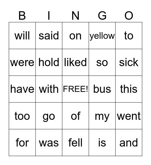 Primary Phonics Sightword Bingo Card