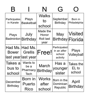 1st Day of School BINGO Game Bingo Card
