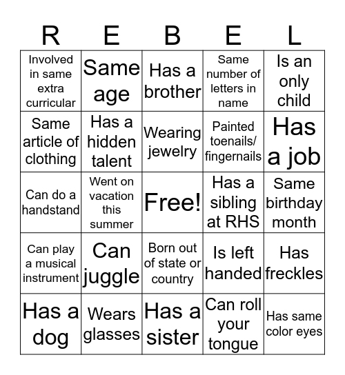 Partner Pair Up Bingo Card