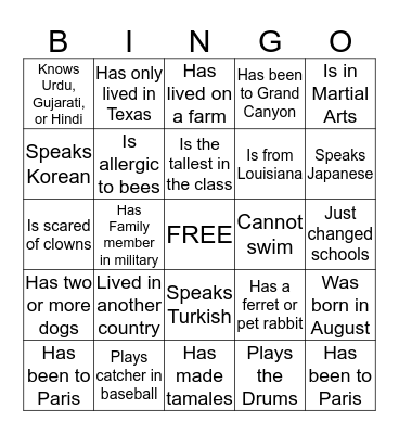 First Day Bingo Card