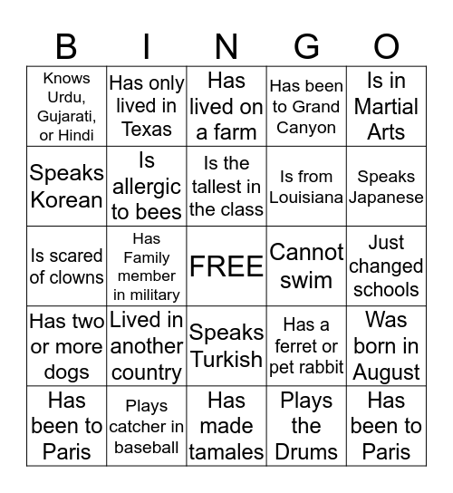 First Day Bingo Card