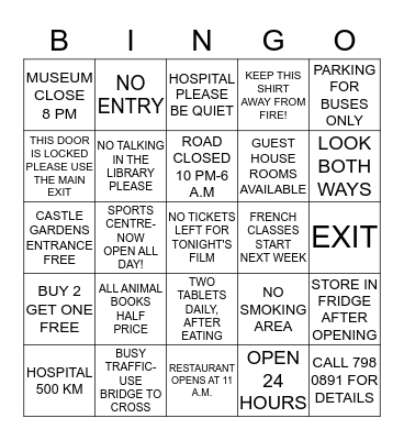 CAUTION/NOTICE/WARNING Bingo Card