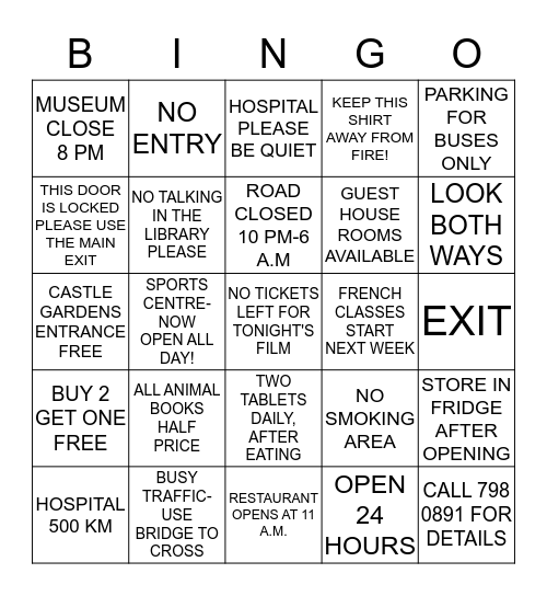 CAUTION/NOTICE/WARNING Bingo Card