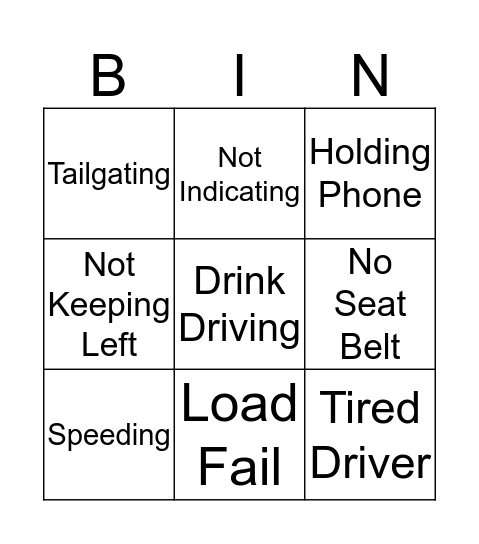 Driver Behaviour Bingo Card
