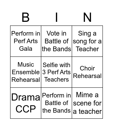 Performing Arts Week Bingo Card