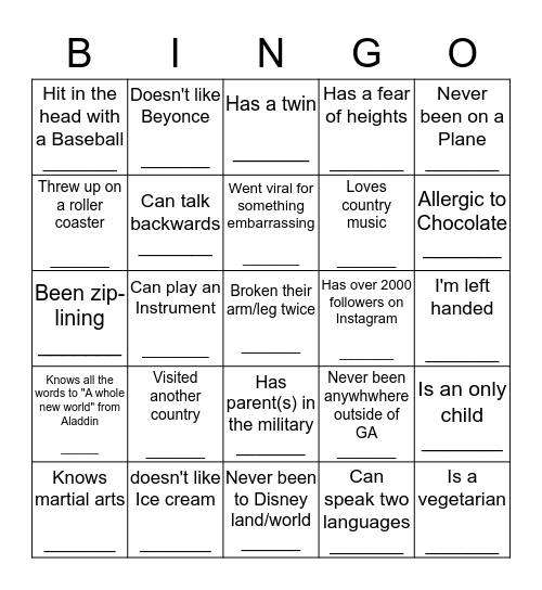 BFA Human Bingo Card