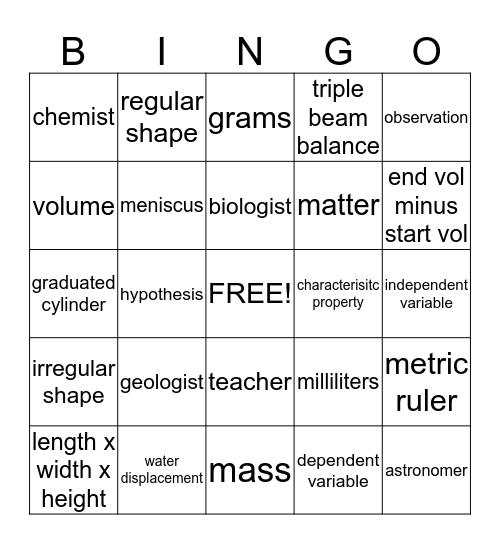 Mysterious Matter Vocabulary Bingo Card