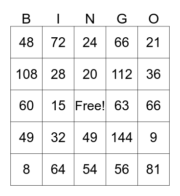 Multiplication Review Bingo Card
