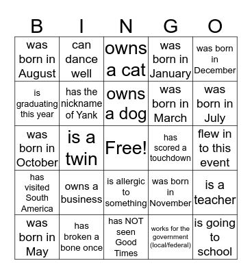 John & Lucy Perry Family Reunion Bingo Card
