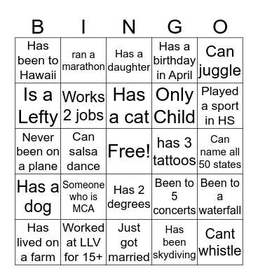 LIFE Bingo Card
