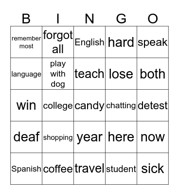 ASL 2 Vocabulary Review Bingo Card