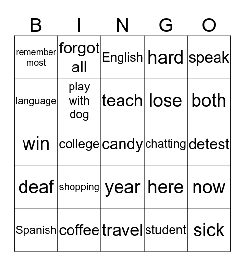 ASL 2 Vocabulary Review Bingo Card