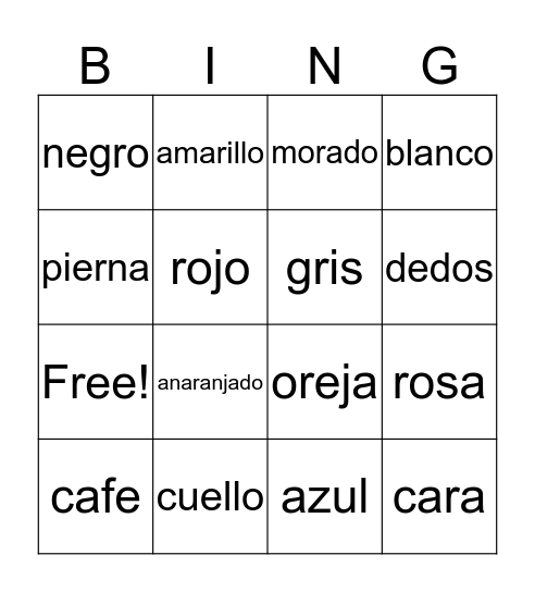 Los colores y partes del cuerpo Bingo Card