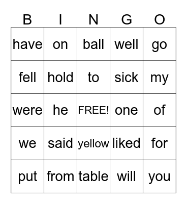 Primary Phonics Sightword Bingo Card