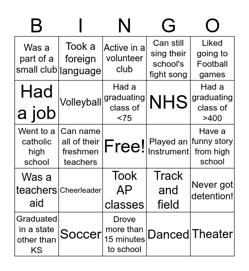 Highschool Bingo Card