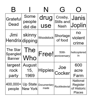 Woodstock Bingo Card